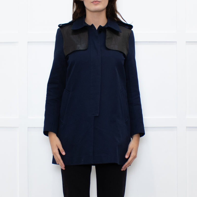 Sandro Navy Black Leather Detail Short Trench Coat