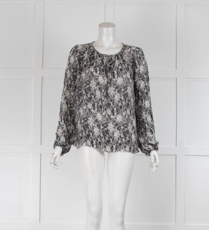 L'Agence White Black Printed Silk Long Sleeve Top