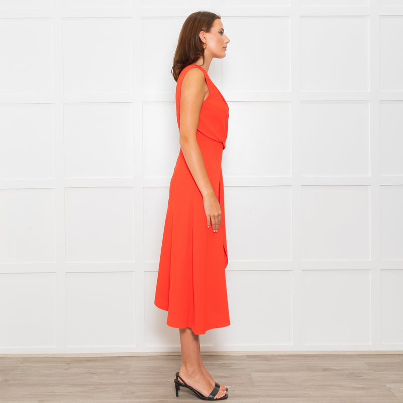 Iris & Ink Hot Orange Asymmetric Wrap Bodice Sleeveless Dress
