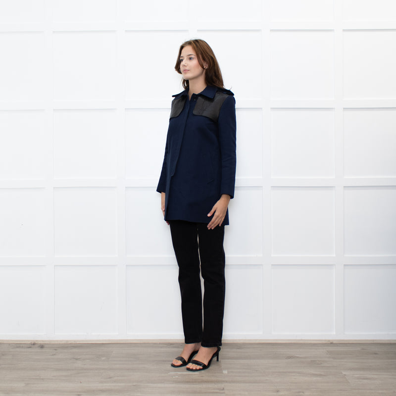 Sandro Navy Black Leather Detail Short Trench Coat