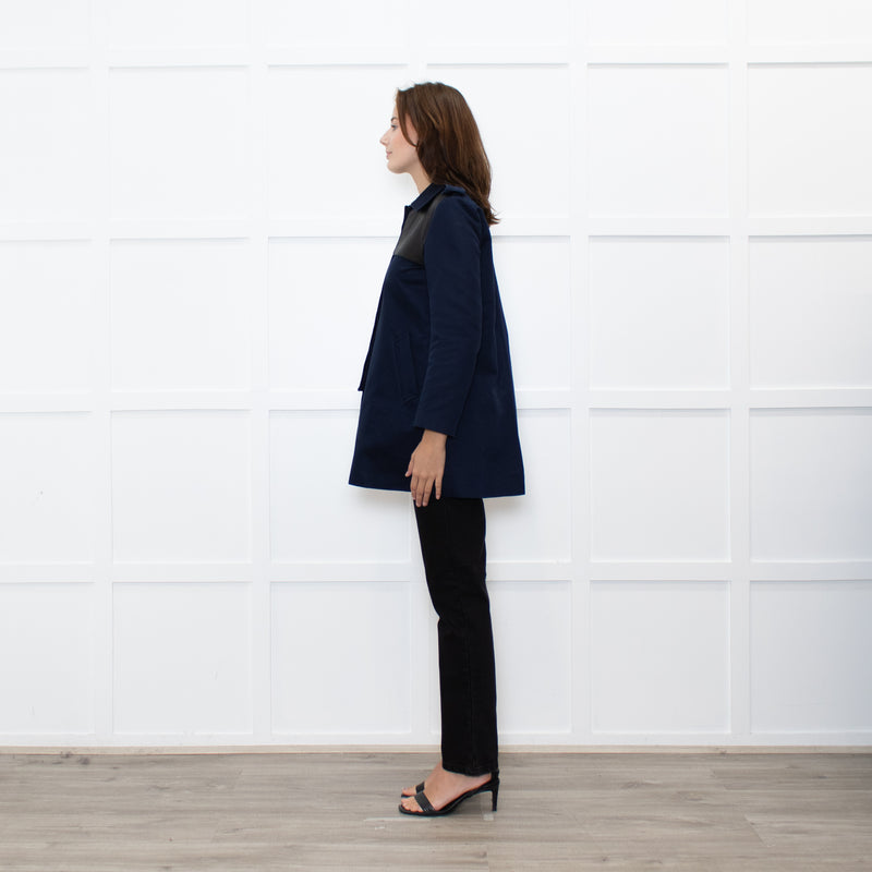 Sandro Navy Black Leather Detail Short Trench Coat