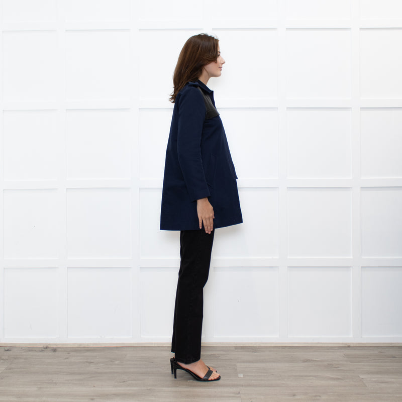 Sandro Navy Black Leather Detail Short Trench Coat