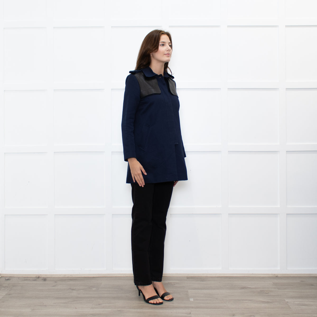 Sandro Navy Black Leather Detail Short Trench Coat