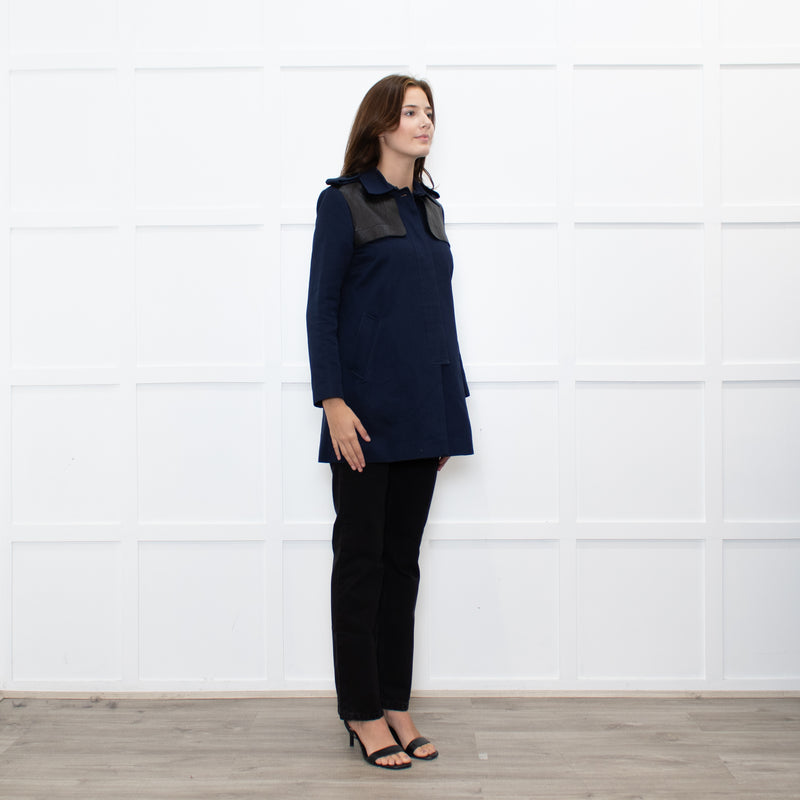 Sandro Navy Black Leather Detail Short Trench Coat
