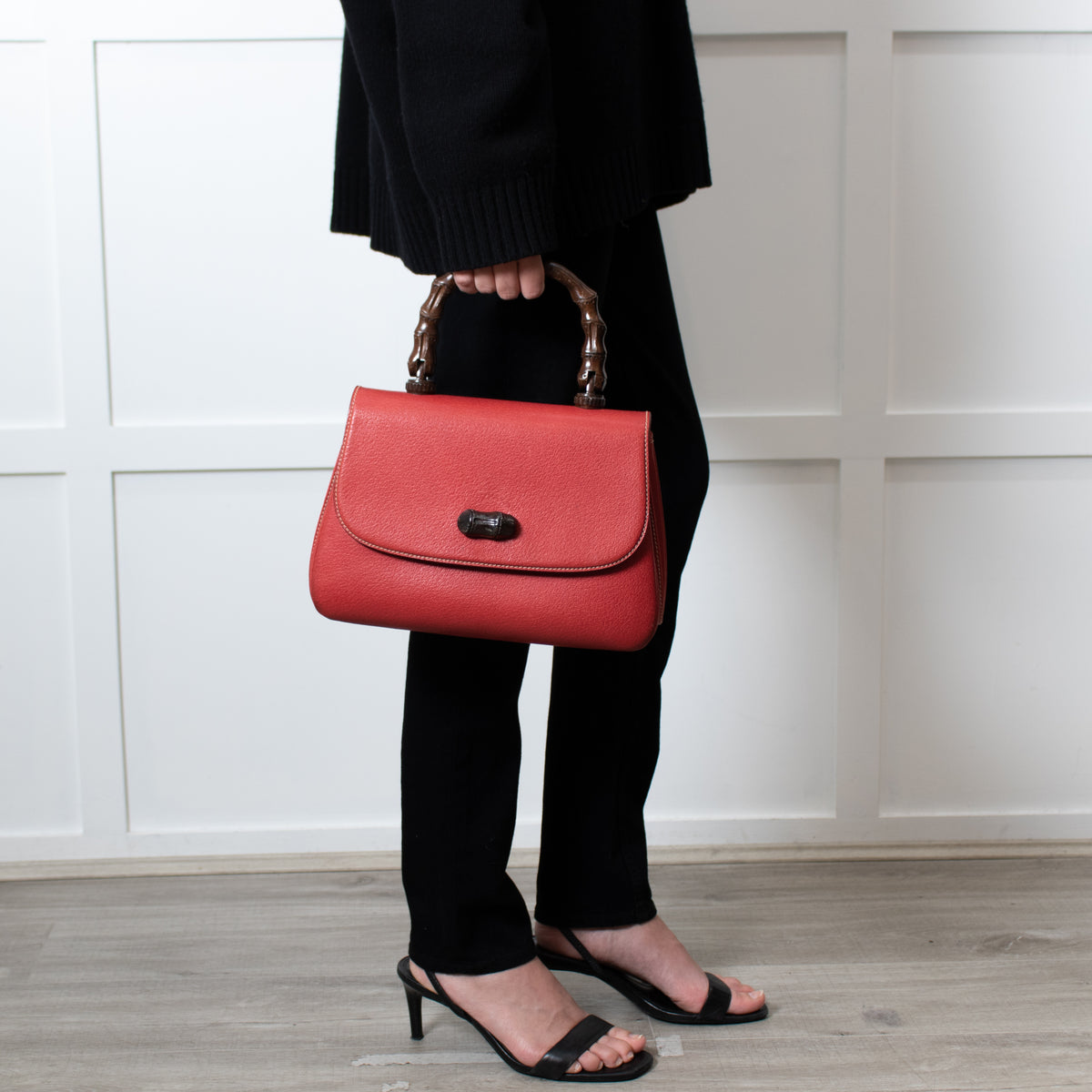 Gucci Red Bamboo Handle Vintage Handbag