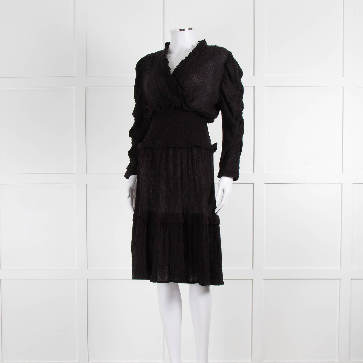 Project AJ117 Black Cheese Cloth Smocked Waist Ruffle Dress
