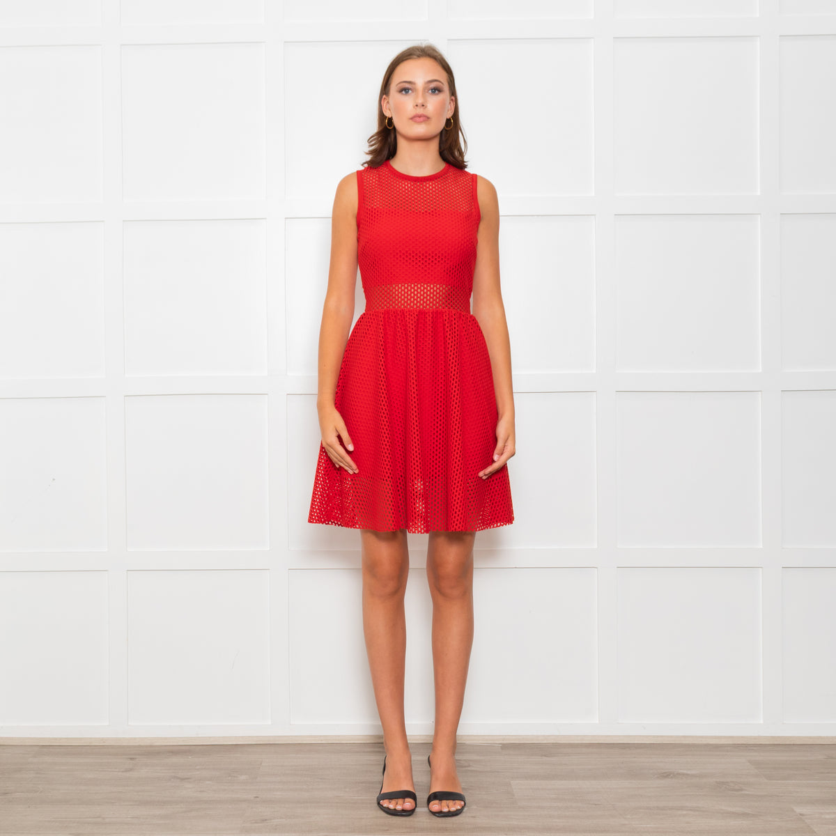 Sandro Red Mesh Fit & Flare Sleeveless Dress