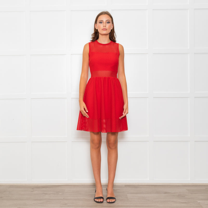 Sandro Red Mesh Fit & Flare Sleeveless Dress