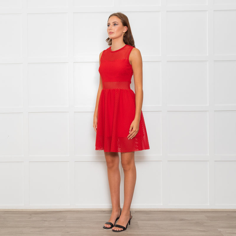 Sandro Red Mesh Fit & Flare Sleeveless Dress