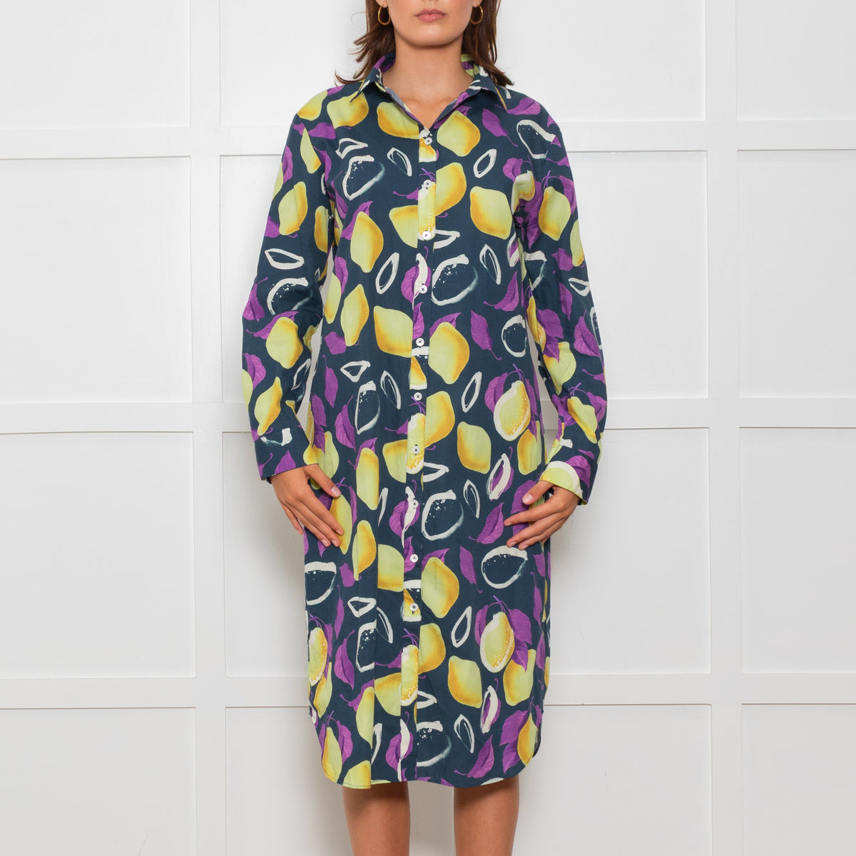 PS Paul Smith Navy Blue Yellow Fruit Print Shirt Dress