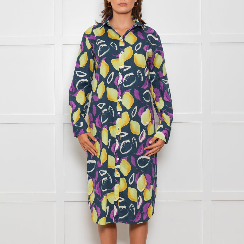 PS Paul Smith Navy Blue Yellow Fruit Print Shirt Dress