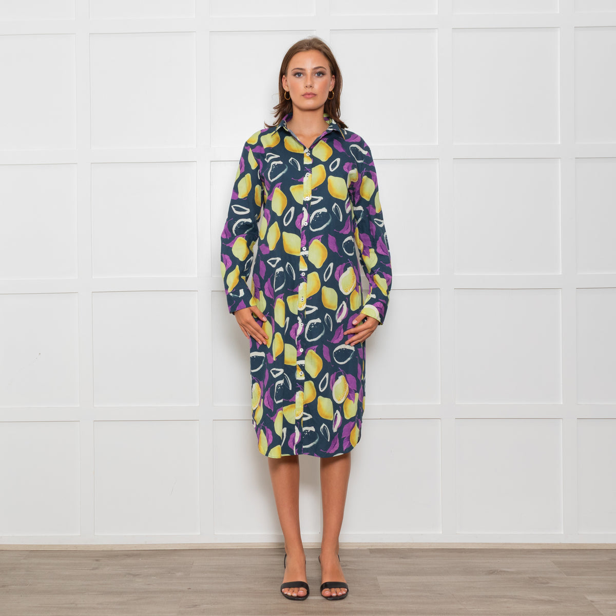 PS Paul Smith Navy Blue Yellow Fruit Print Shirt Dress