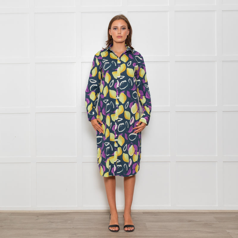 PS Paul Smith Navy Blue Yellow Fruit Print Shirt Dress
