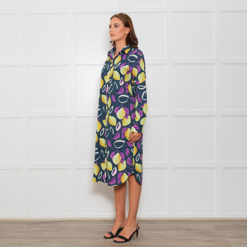 PS Paul Smith Navy Blue Yellow Fruit Print Shirt Dress
