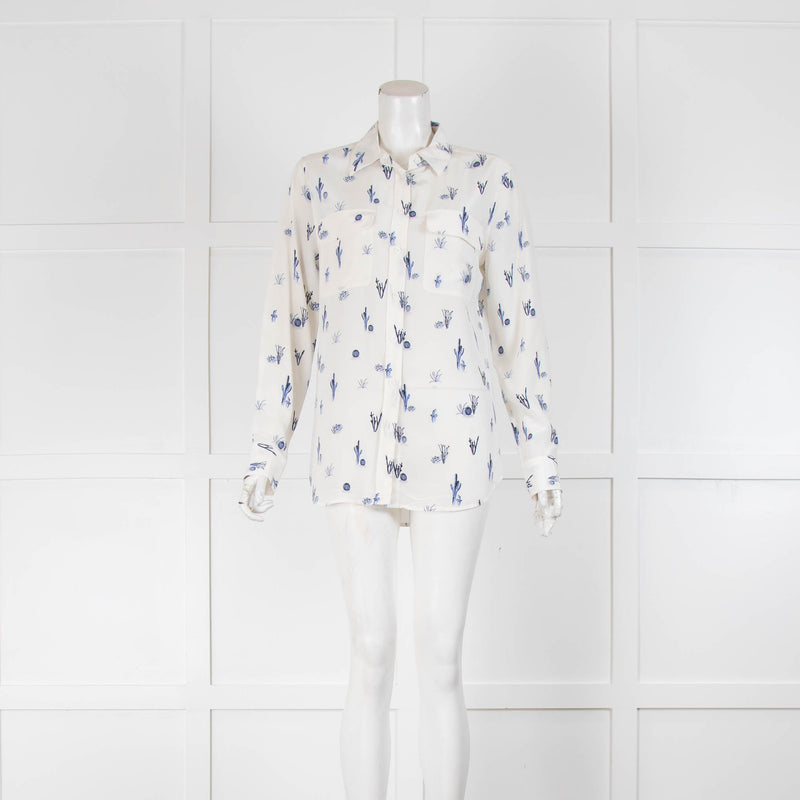 Equipment Cream Blue Cactus Print Silk Signature Shirt
