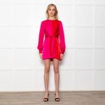 House of Harlow 1960 Pink & Red Panel Long Sleeve Shift Dress With Front Tie
