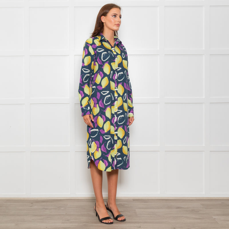 PS Paul Smith Navy Blue Yellow Fruit Print Shirt Dress