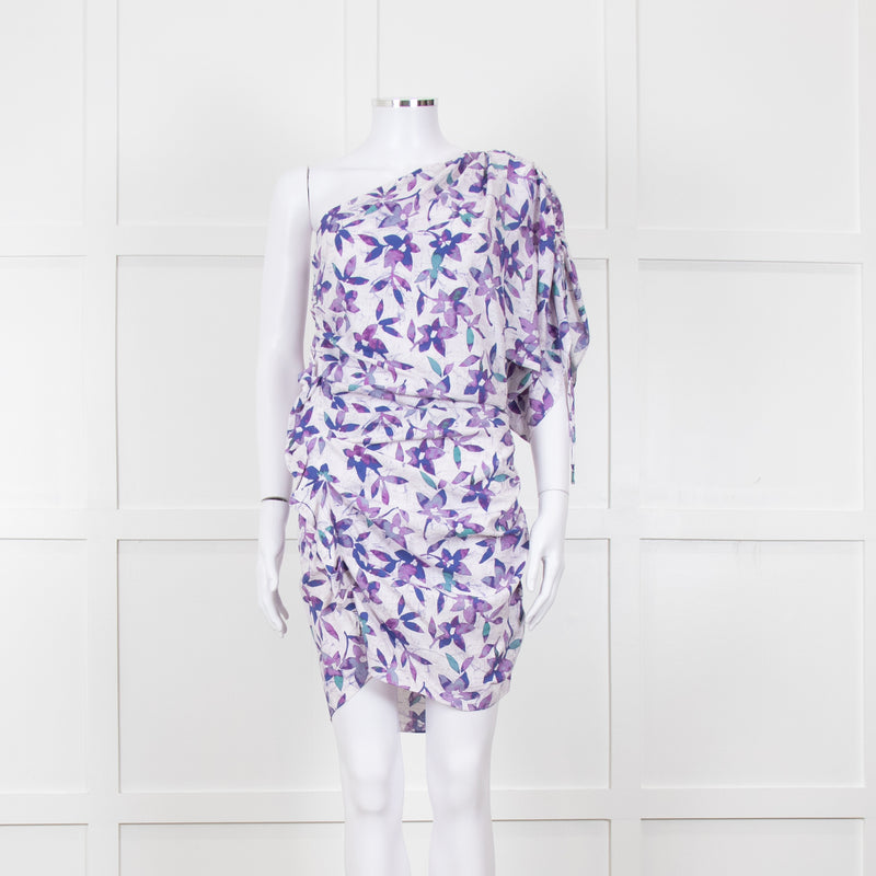 Isabel Marant White Purple Floral Ruched One Shoulder Mini Dress