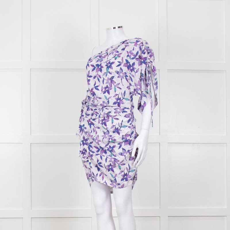Isabel Marant White Purple Floral Ruched One Shoulder Mini Dress
