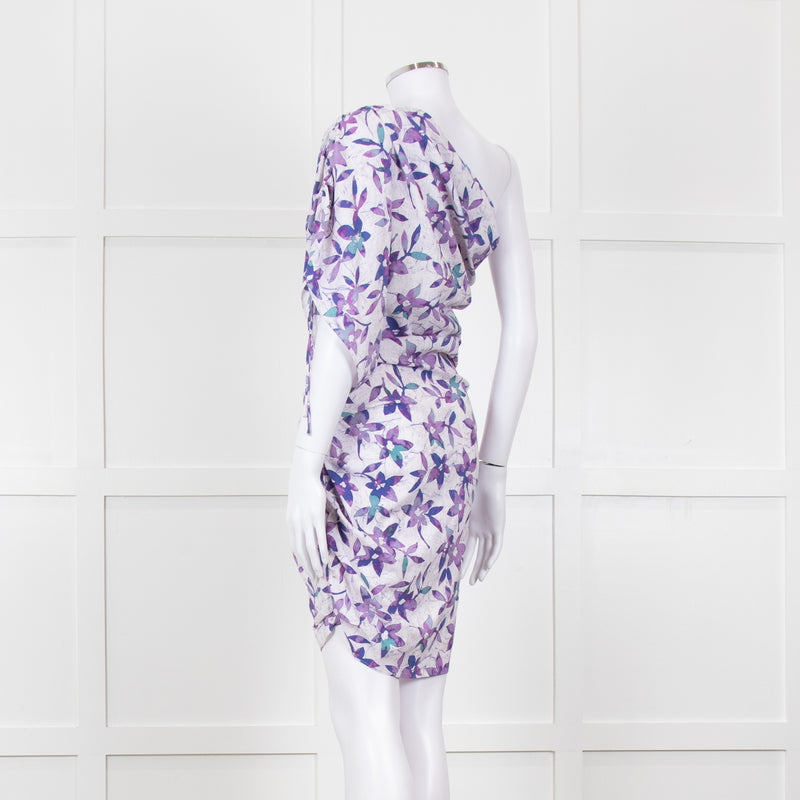 Isabel Marant White Purple Floral Ruched One Shoulder Mini Dress
