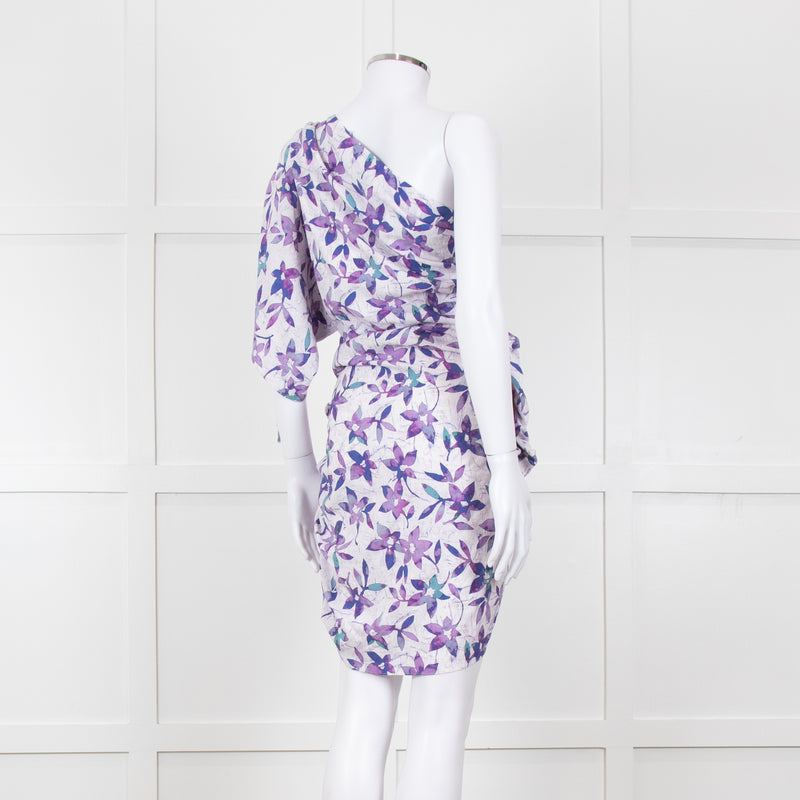 Isabel Marant White Purple Floral Ruched One Shoulder Mini Dress