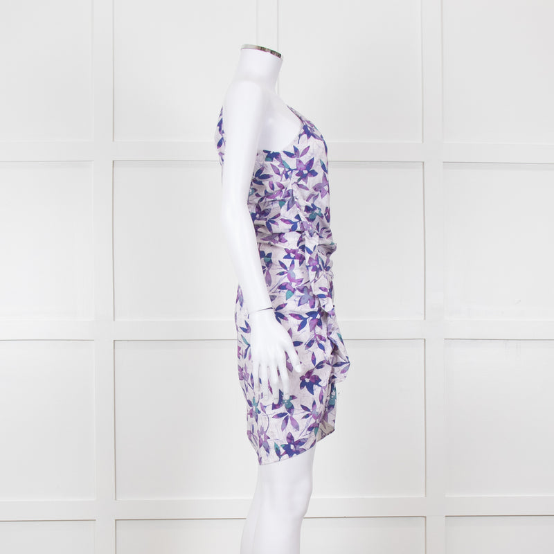 Isabel Marant White Purple Floral Ruched One Shoulder Mini Dress
