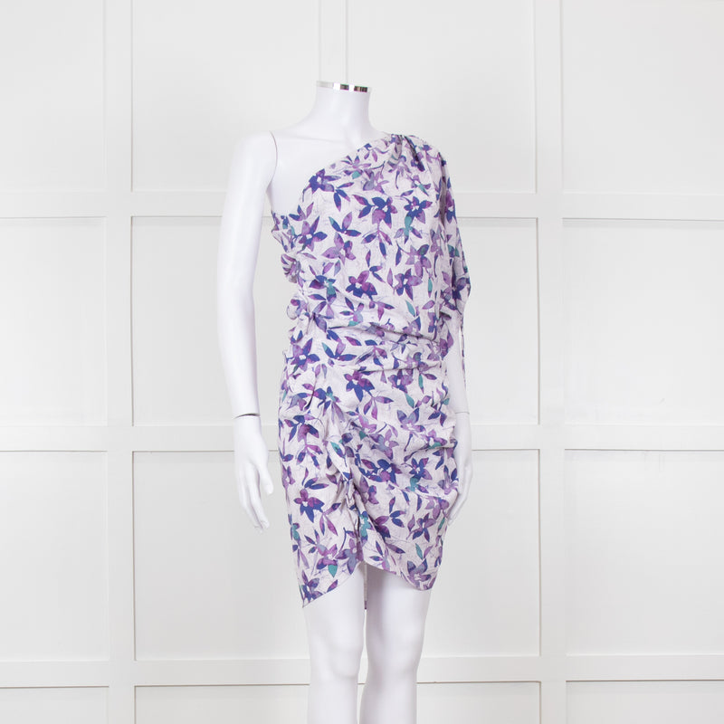 Isabel Marant White Purple Floral Ruched One Shoulder Mini Dress