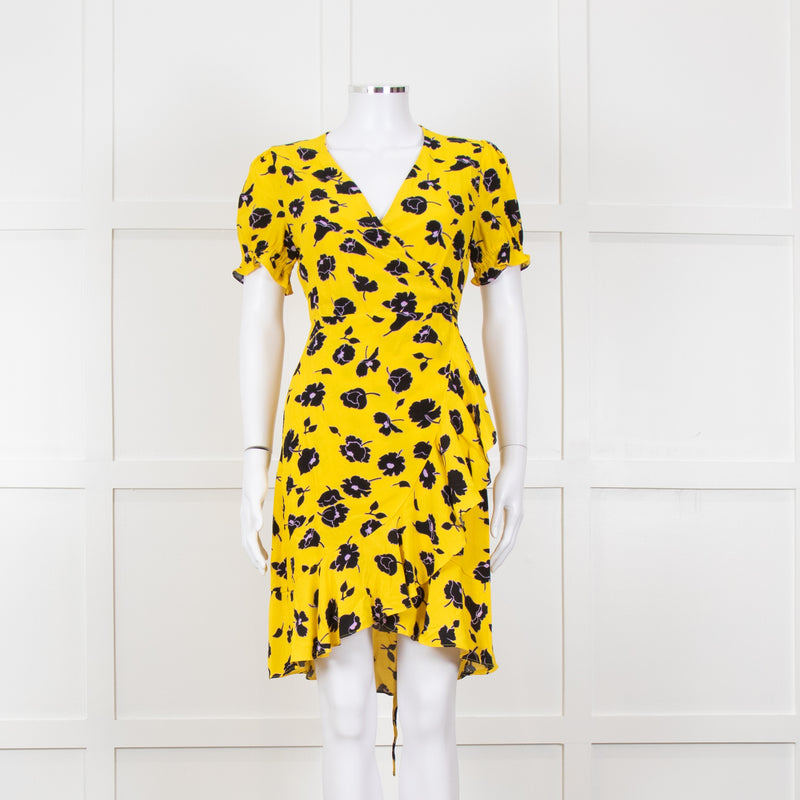 Diane Von Furstenberg Yellow Black Floral Wrap Mini Dress