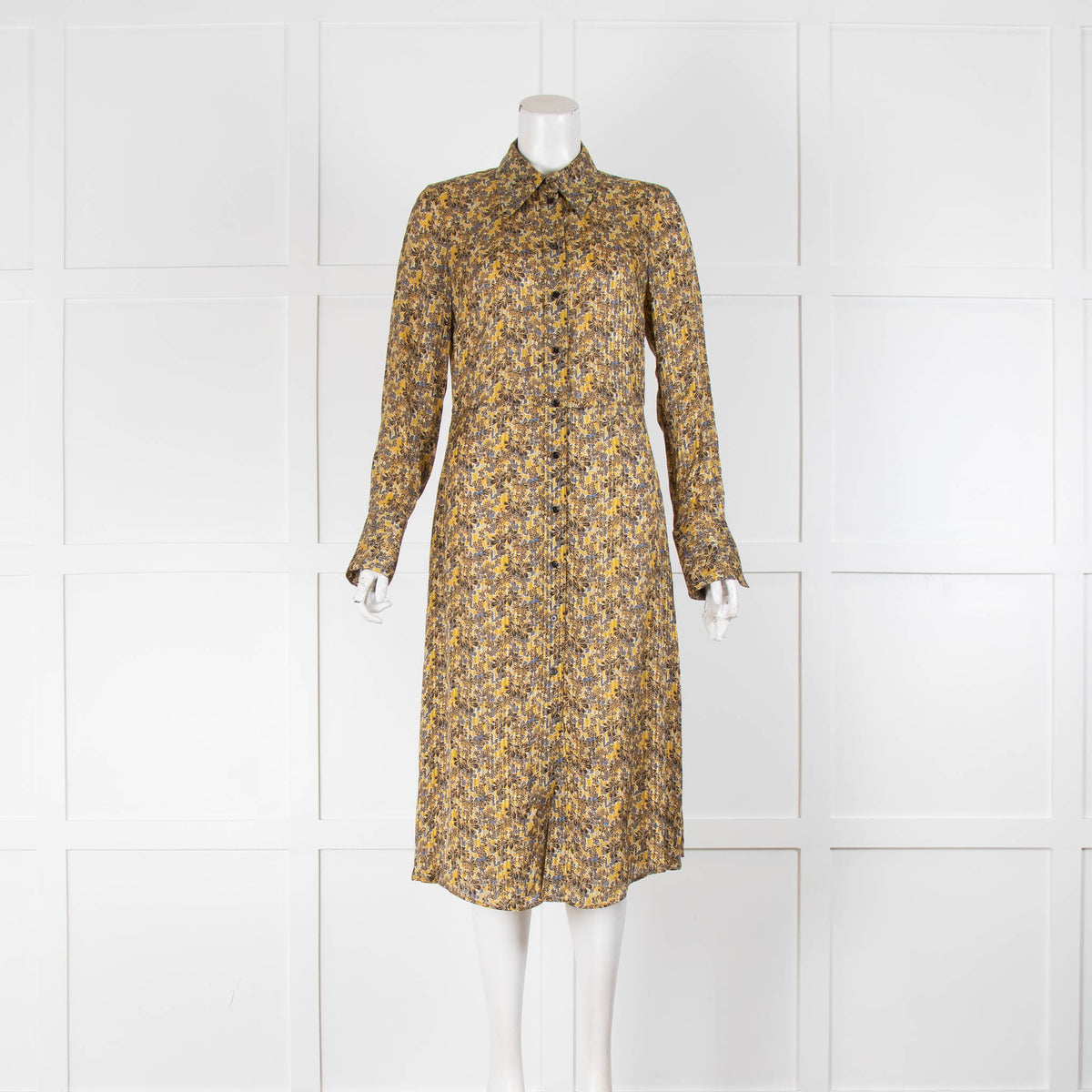 Tara Jarmon Mustard Grey Gold Thread Button Up Dress