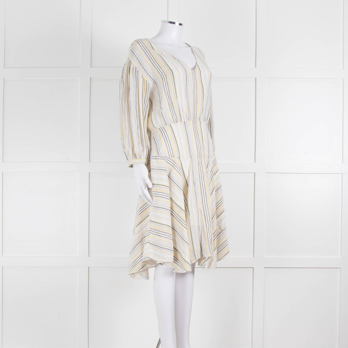 ATM White, Yellow and Grey Striped Linen Knee Length Dress