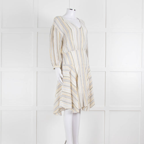 ATM White, Yellow and Grey Striped Linen Knee Length Dress