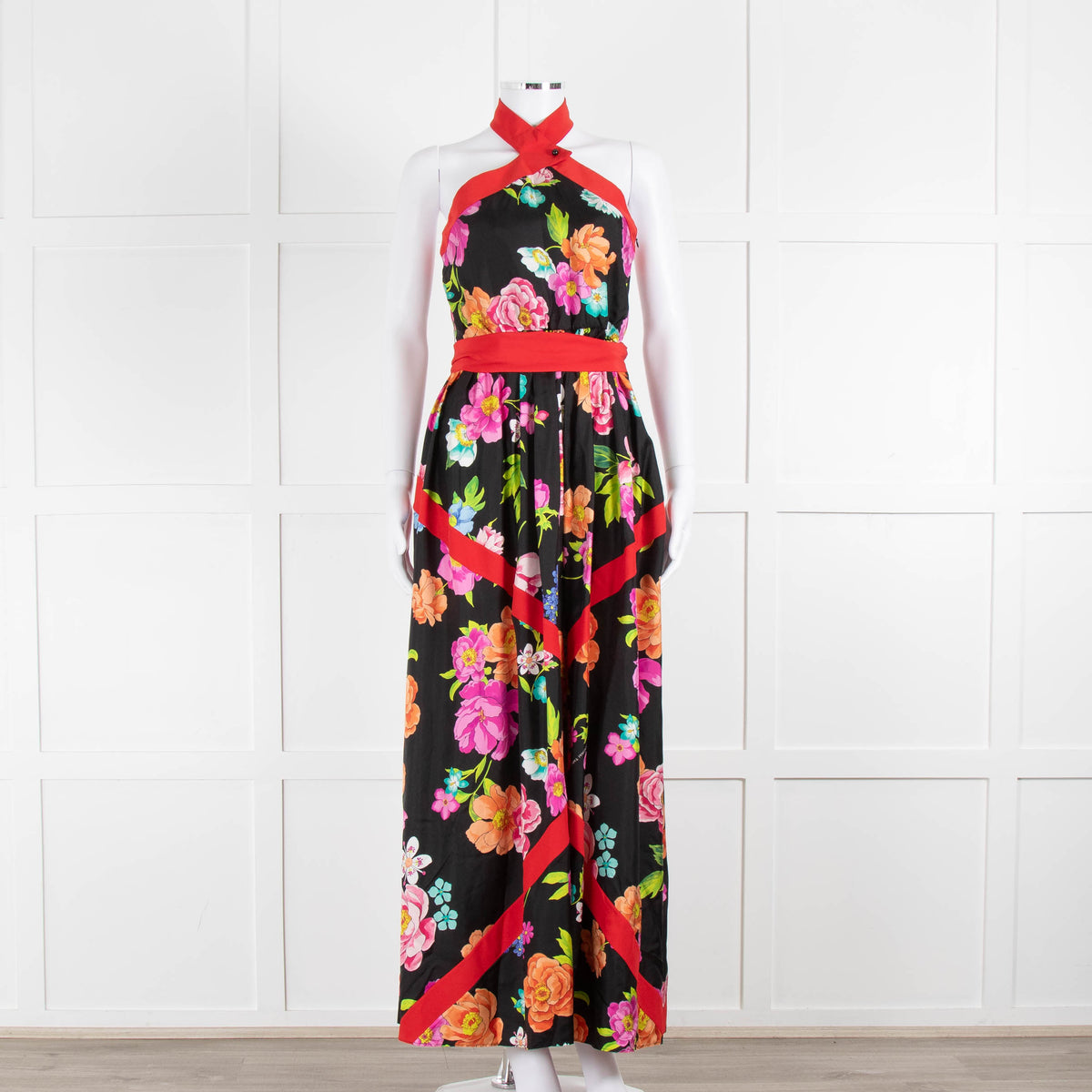 Shanghai Tang Black Silk Multi Flower Print Halter Neck Maxi Dress