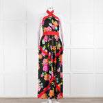 Shanghai Tang Black Silk Multi Flower Print Halter Neck Maxi Dress