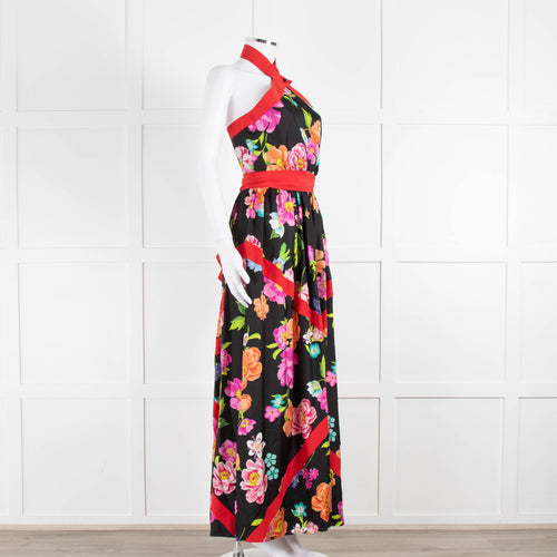Shanghai Tang Black Silk Multi Flower Print Halter Neck Maxi Dress