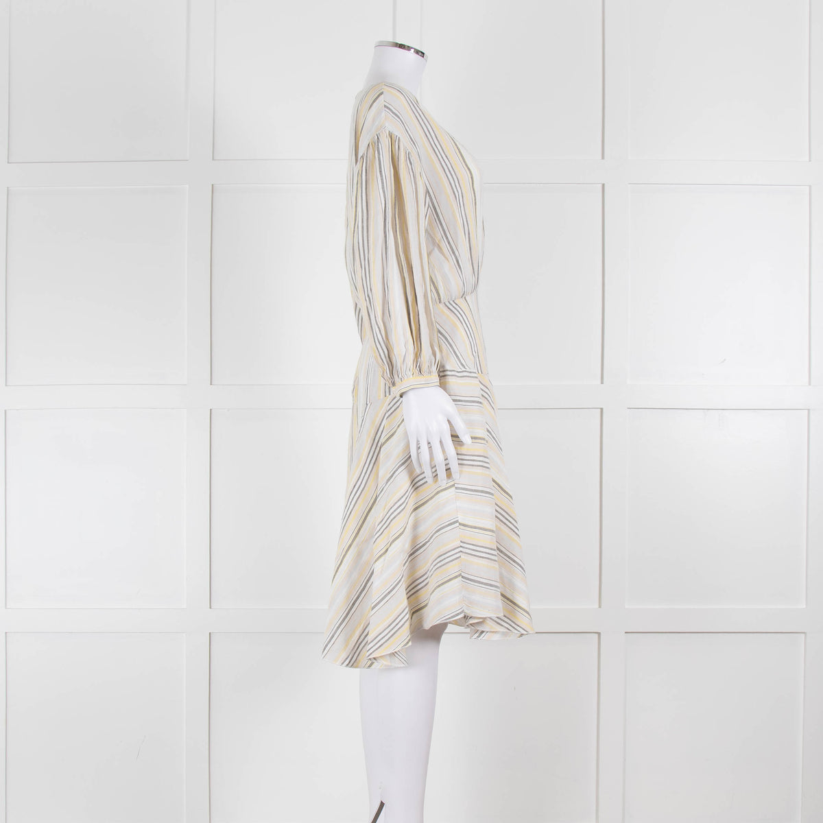 ATM White, Yellow and Grey Striped Linen Knee Length Dress