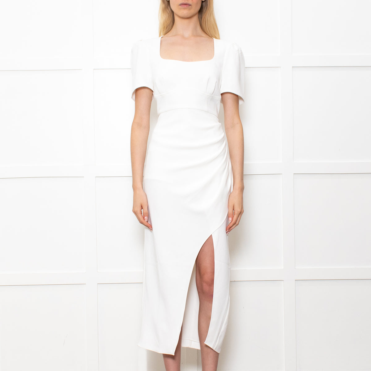 Self-Portrait White Crepe Midi Dress With Short Sleeves