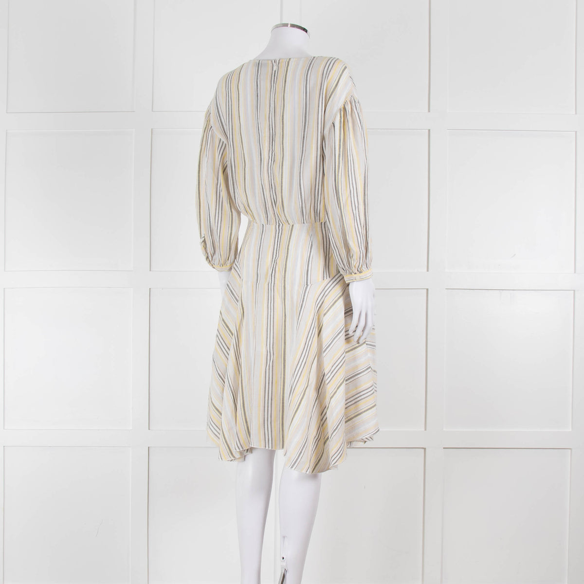 ATM White, Yellow and Grey Striped Linen Knee Length Dress