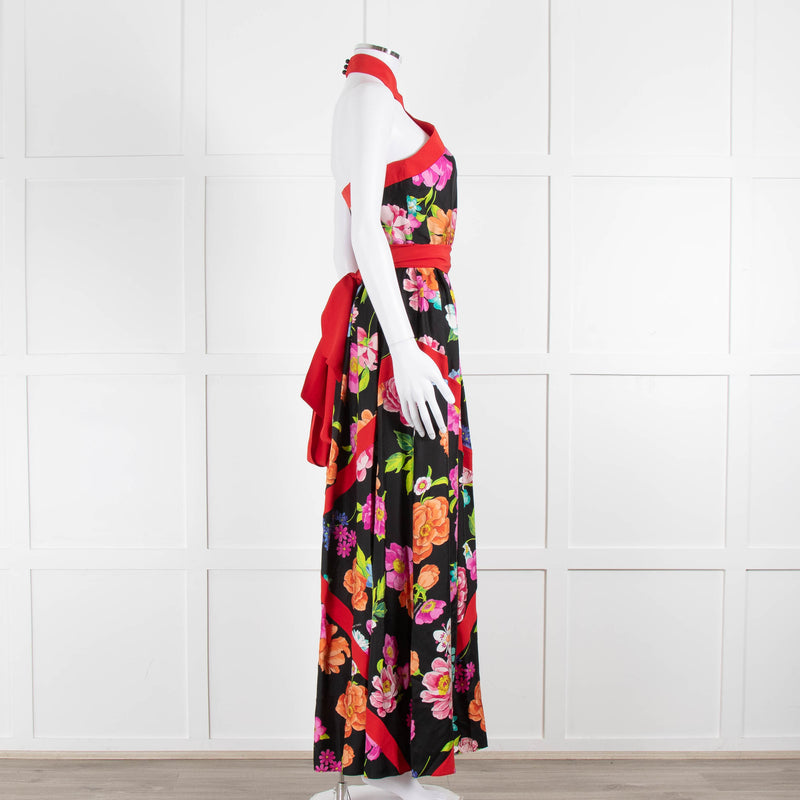 Shanghai Tang Black Silk Multi Flower Print Halter Neck Maxi Dress