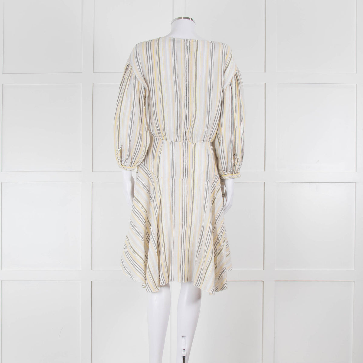 ATM White, Yellow and Grey Striped Linen Knee Length Dress