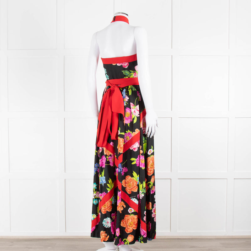 Shanghai Tang Black Silk Multi Flower Print Halter Neck Maxi Dress