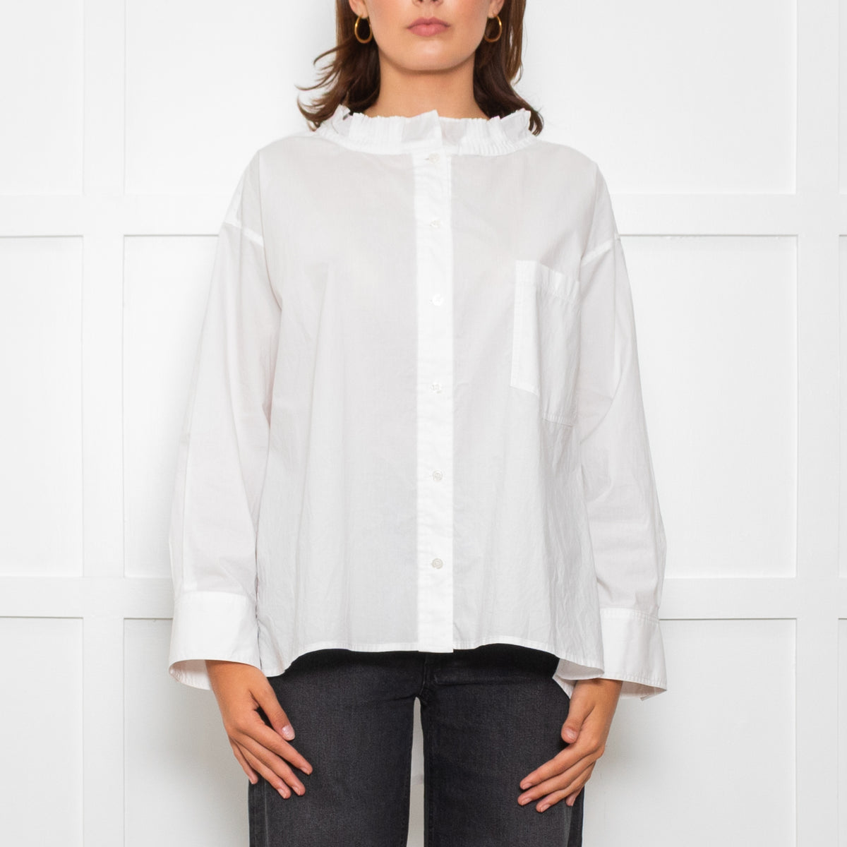Wyse White Cotton Frill Trim Oversized Shirt