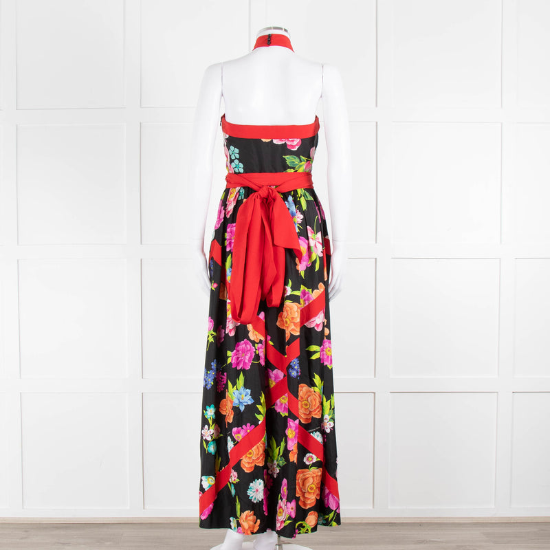 Shanghai Tang Black Silk Multi Flower Print Halter Neck Maxi Dress