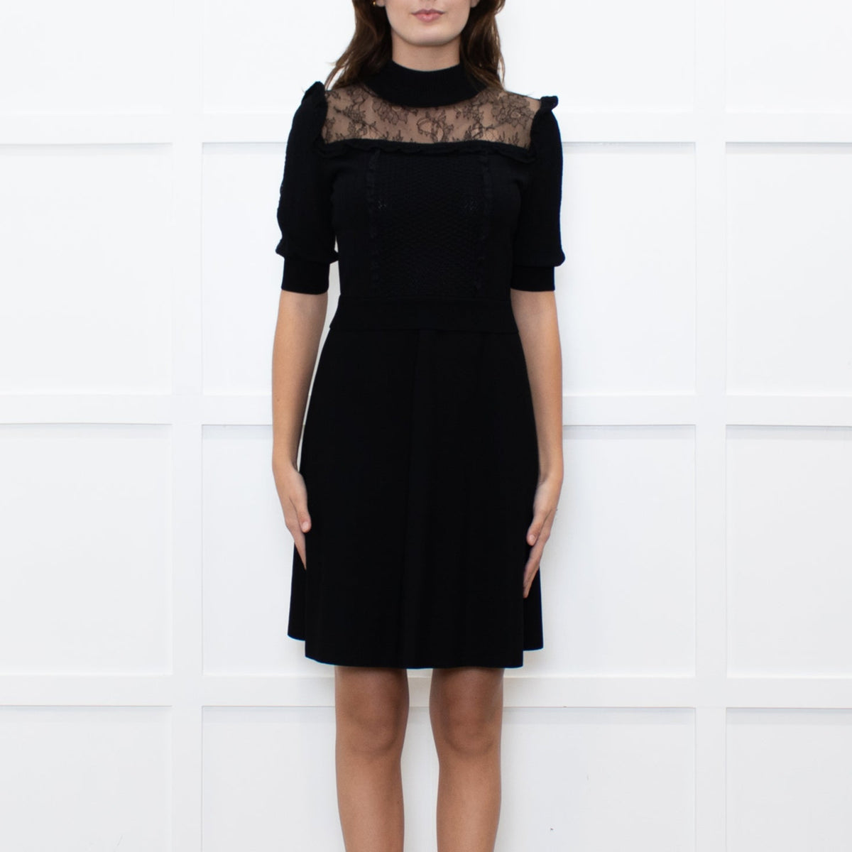 Valentino Black Short Sleeve Lace Panelled Mini Dress
