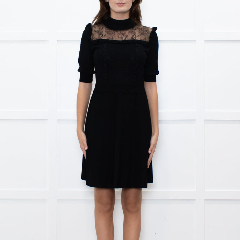 Valentino Black Short Sleeve Lace Panelled Mini Dress