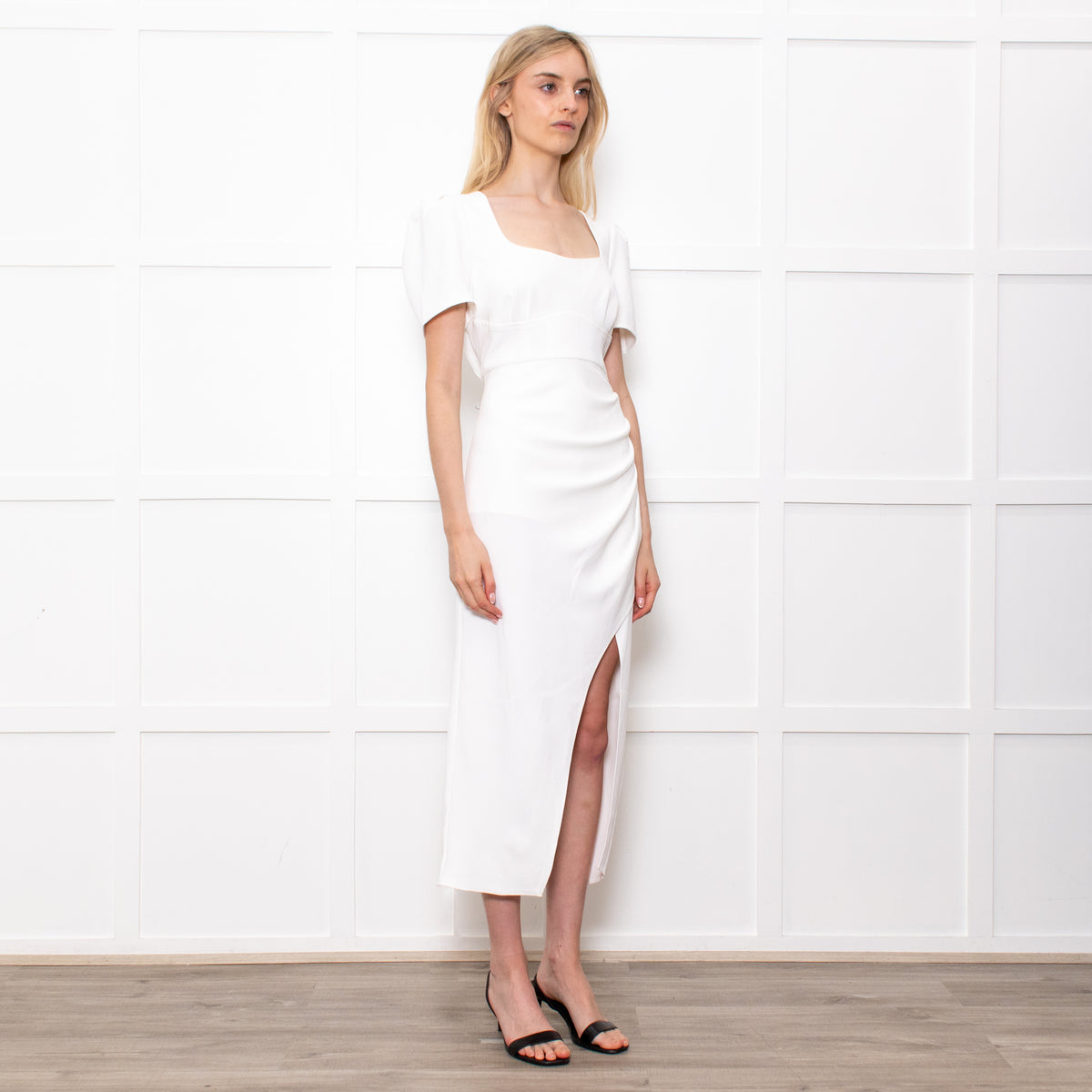 Self-Portrait White Crepe Midi Dress With Short Sleeves