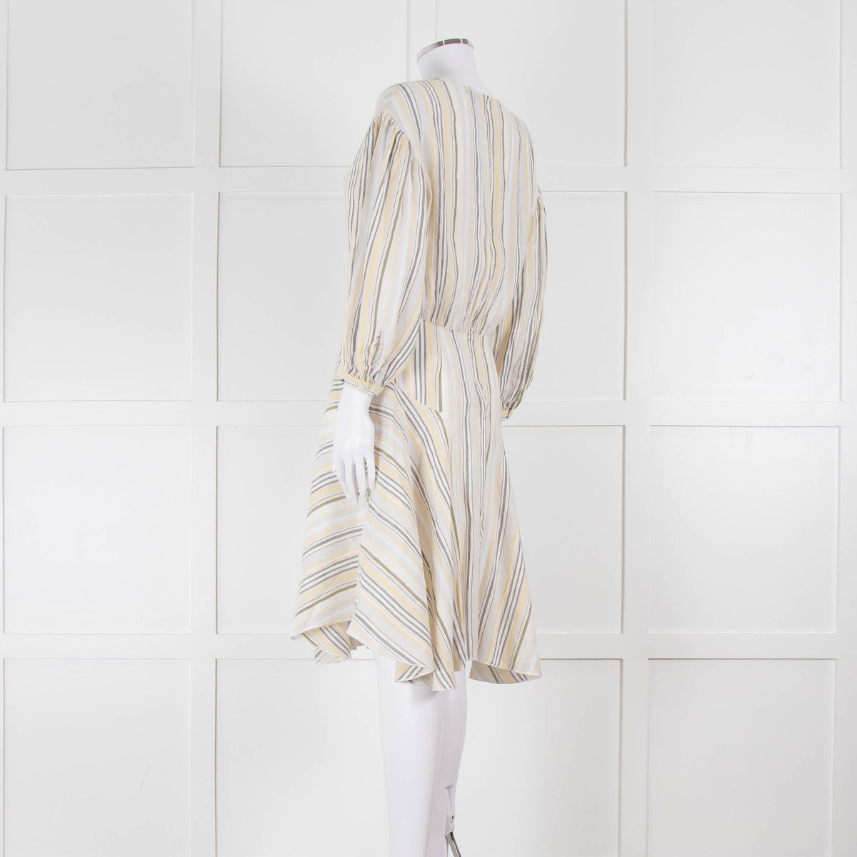 ATM White, Yellow and Grey Striped Linen Knee Length Dress