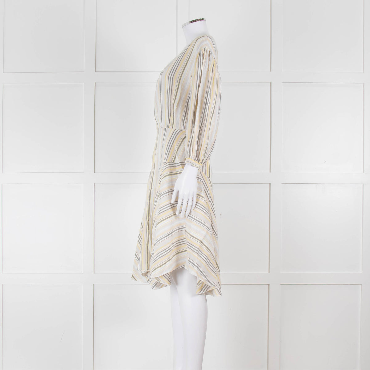ATM White, Yellow and Grey Striped Linen Knee Length Dress