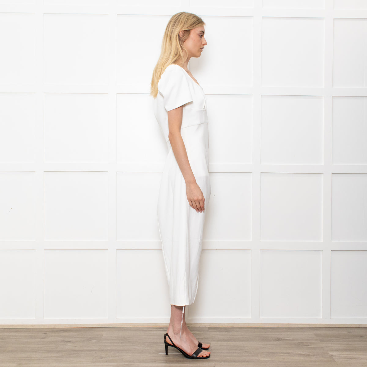 Self-Portrait White Crepe Midi Dress With Short Sleeves