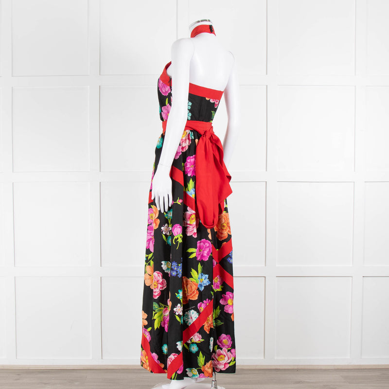 Shanghai Tang Black Silk Multi Flower Print Halter Neck Maxi Dress