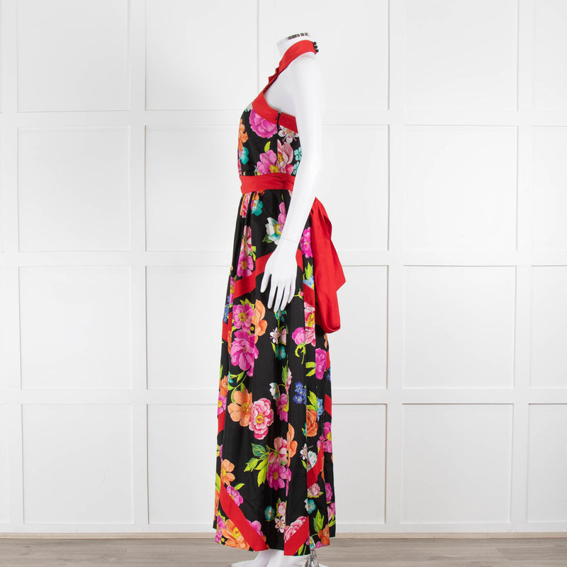 Shanghai Tang Black Silk Multi Flower Print Halter Neck Maxi Dress